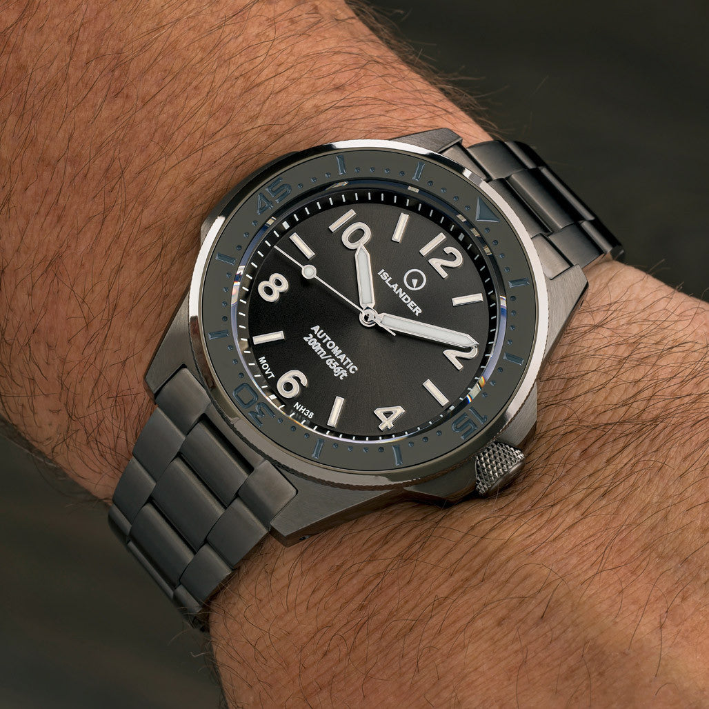 リランラン Islander Roslyn Gun Metal Dive Watch with Black Dial #ISL-168