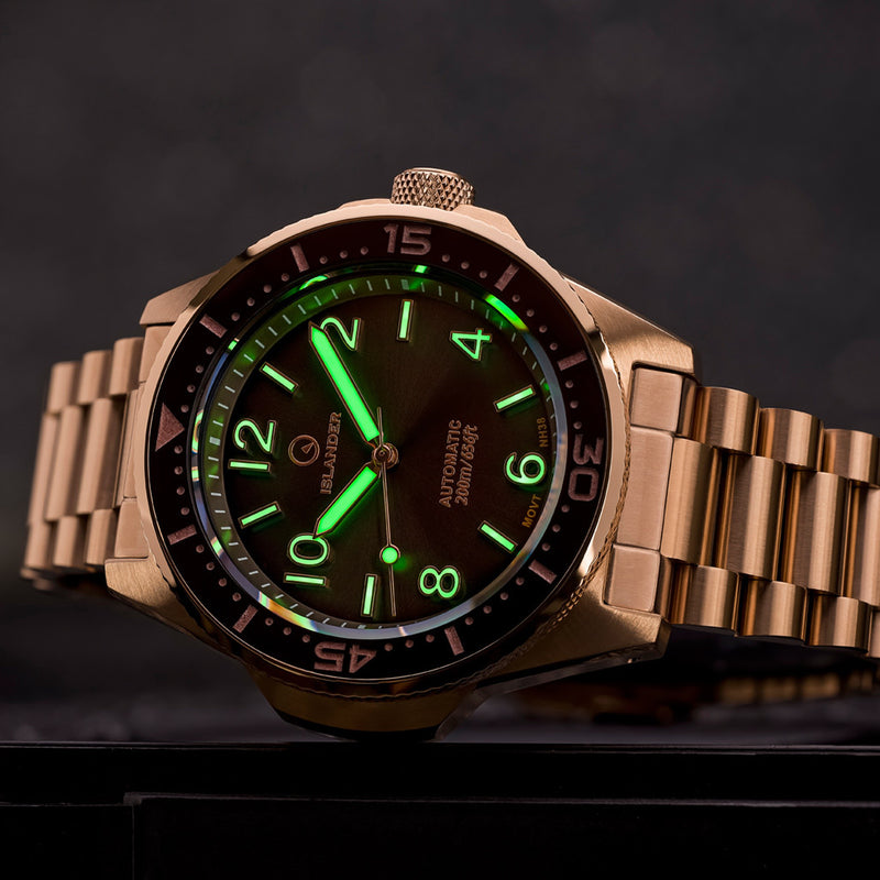Islander Roslyn Rose Gold Dive Watch with Chocolate Brown Dial #ISL-169 lume
