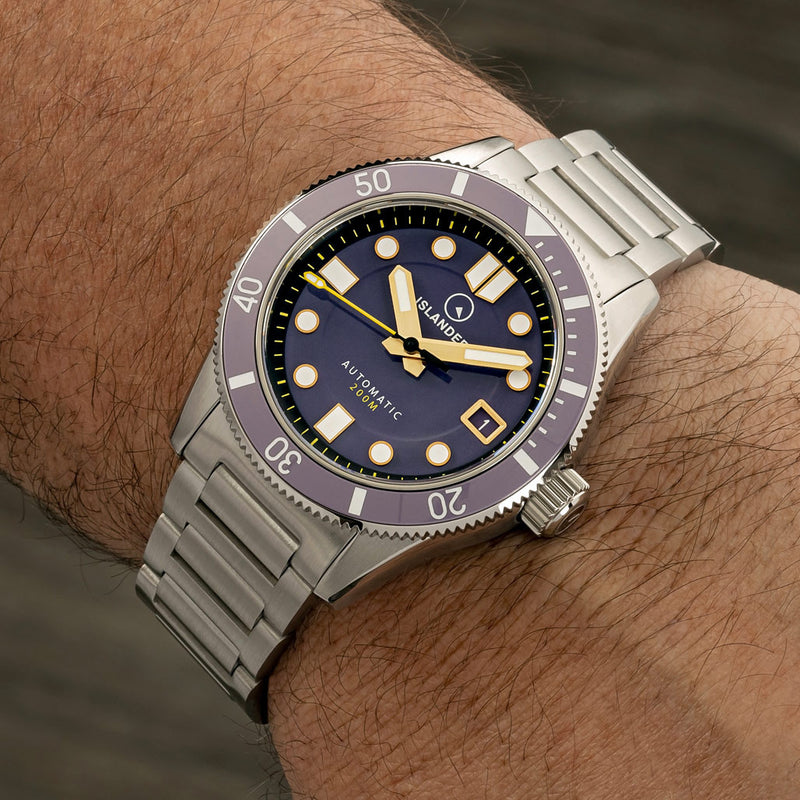 Islander Bayport 40mm Automatic Dive Watch with Purple Gilt Dial #ISL-174 wrist
