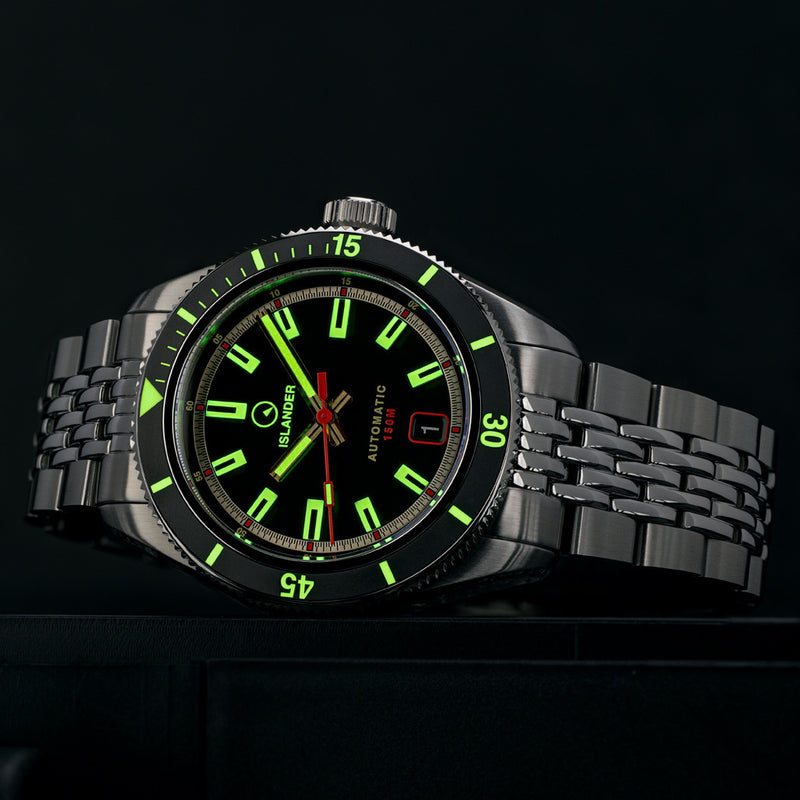 Islander Port Jefferson Skin Diver Automatic Watch with Gilt Black Dial #ISL-175 lume