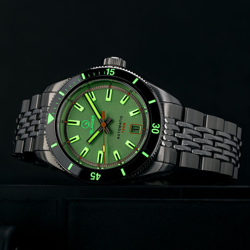 Islander Port Jefferson Skin Diver Automatic Watch with Caribbean Green Dial #ISL-177 lume