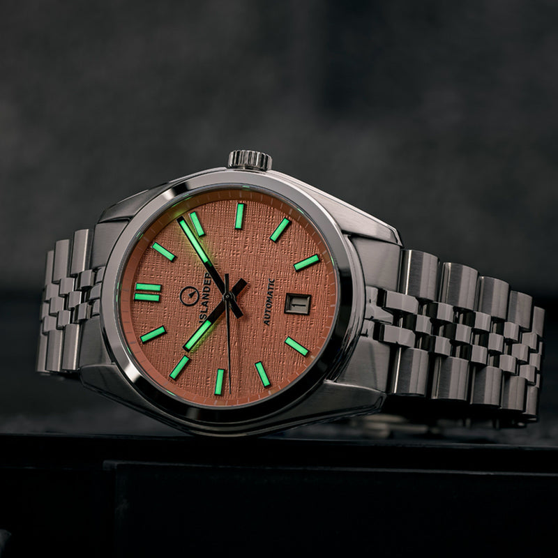 Islander Upper Brookville Hi-Beat Automatic Dress watch with Coral Linen Dial #ISL-184 lume