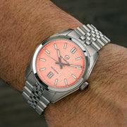 Islander Upper Brookville Hi-Beat Automatic Dress watch with Coral Linen Dial #ISL-184 wrist