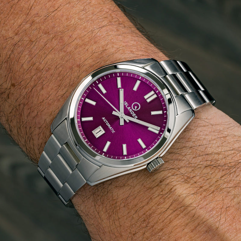Islander Upper Brookville Hi-Beat Automatic Dress watch with Sunburst Purple Dial #ISL-185 wrist