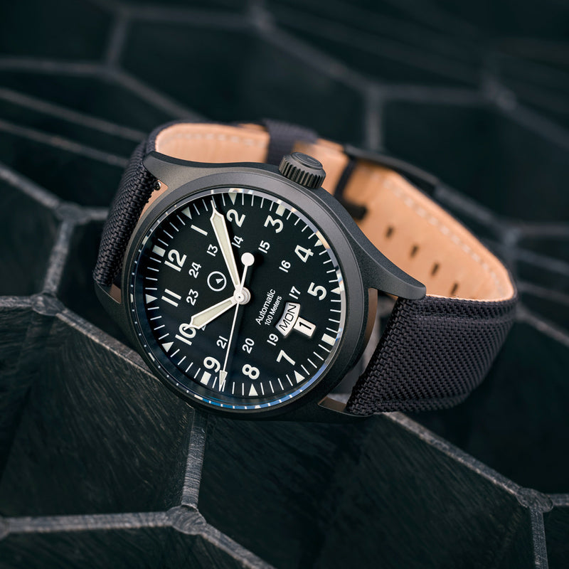 Islander Mitchel "DAY-T" Automatic DLC Field Watch with Black Dial and Day-Date Display #ISL-187 lifestyle
