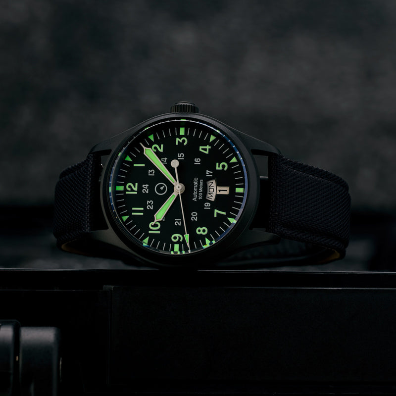 Islander Mitchel "DAY-T" Automatic DLC Field Watch with Black Dial and Day-Date Display #ISL-187 lume