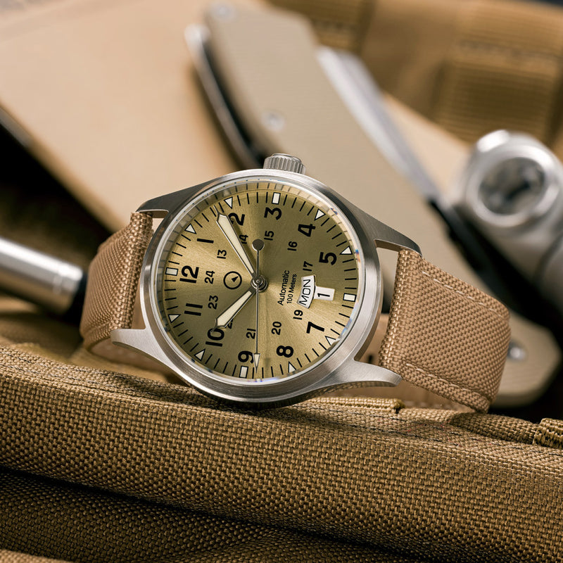 Islander Mitchel "DAY-T" Automatic Field Watch with Champagne Dial and Day-Date Display #ISL-188 lifestyle