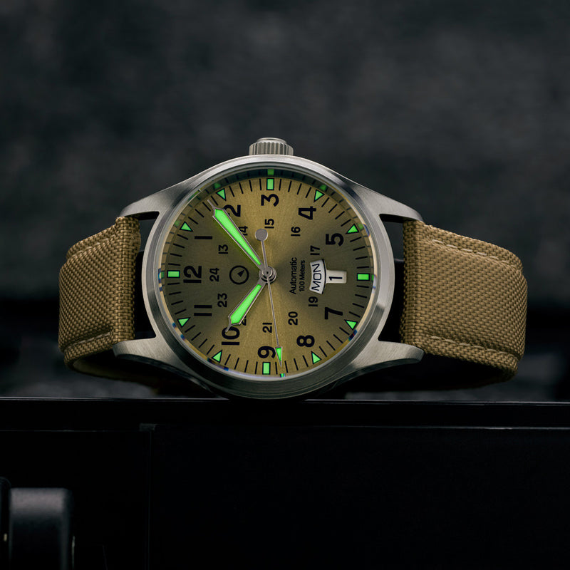 Islander Mitchel "DAY-T" Automatic Field Watch with Champagne Dial and Day-Date Display #ISL-188 lume