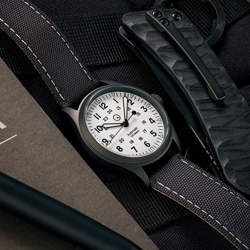Islander Mitchel Automatic Field Watch with DLC Case and White Dial #ISL-189 lifestyle