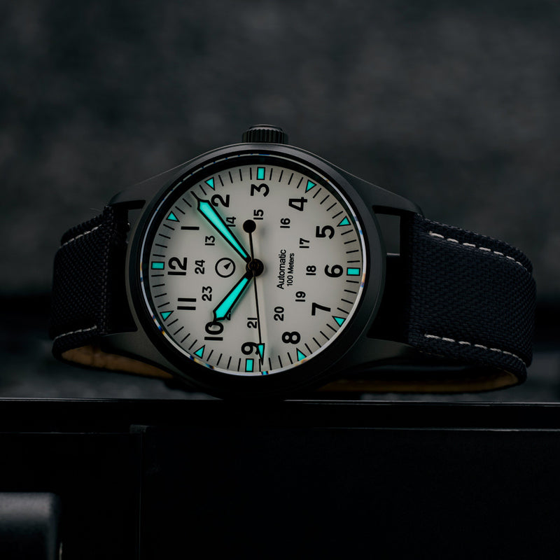 Islander Mitchel Automatic Field Watch with DLC Case and White Dial #ISL-189 lume