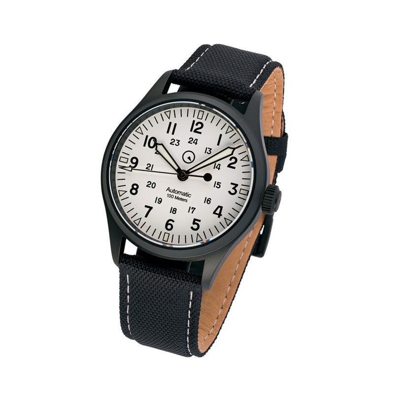 Islander Mitchel Automatic Field Watch with DLC Case and White Dial #ISL-189 tilt