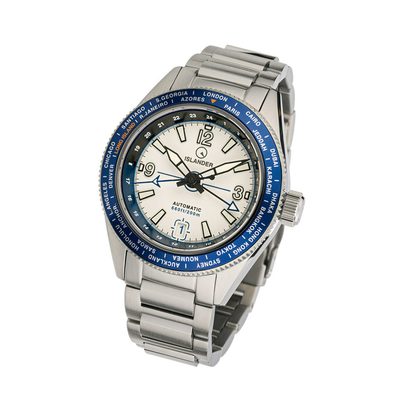 Islander Calabro GMT World Time Automatic Watch with White Dial #ISL-190 tilt