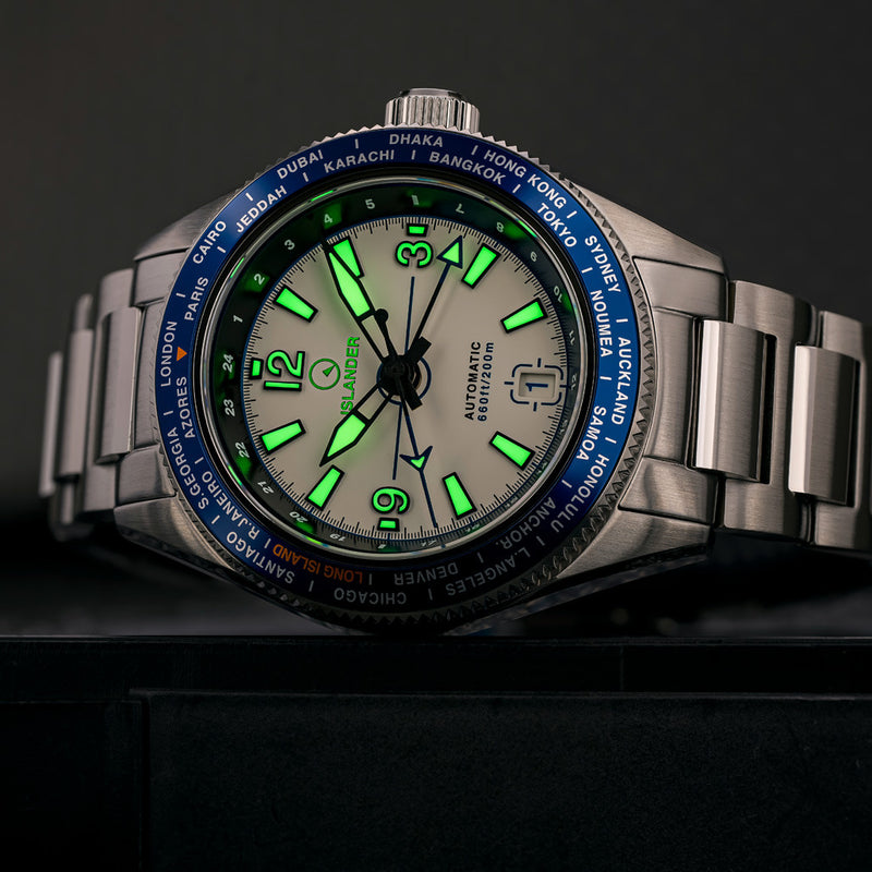 Islander Calabro GMT World Time Automatic Watch with White Dial #ISL-190 lume