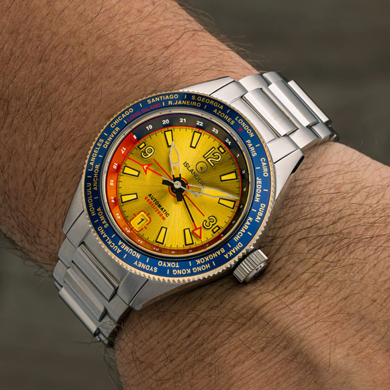 Islander Calabro GMT World Time Automatic Watch with Gold Dial #ISL-191 wrist