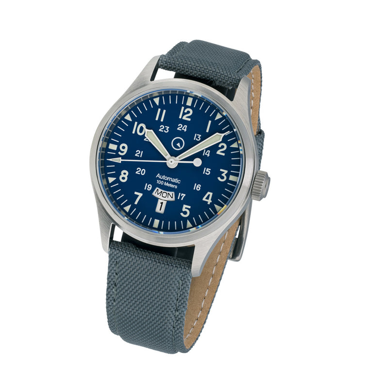 Islander Mitchel "DAY-T" Automatic Field Watch with Blue Dial and Day-Date Display #ISL-194 tilt