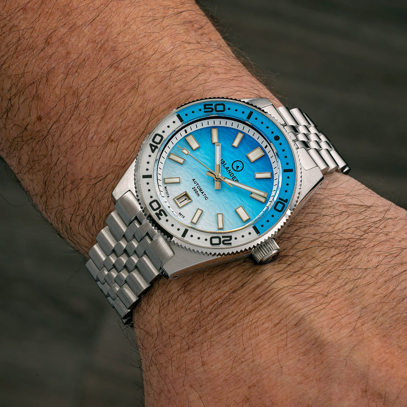 Islander Northport Hi-Beat Automatic Dive Watch with Ocean Blue and White Ripple Dial #ISL-195 wrist