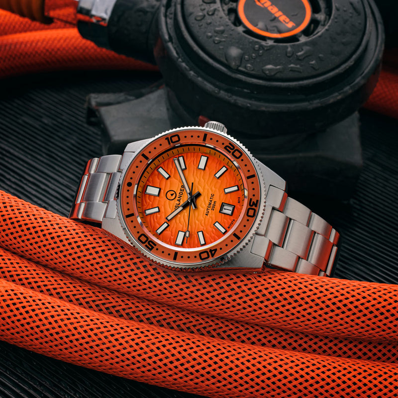 Islander Northport "Fireball" Hi-Beat Automatic Dive Watch with Sunset Orange Dial #ISL-196 lifestyle