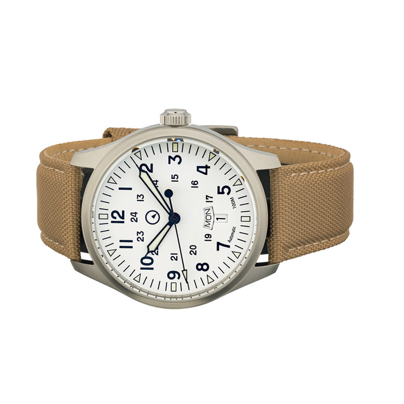 Islander 42mm "DAY-T" Automatic Field Watch with White Dial and Day-Date Display #ISL-198 side