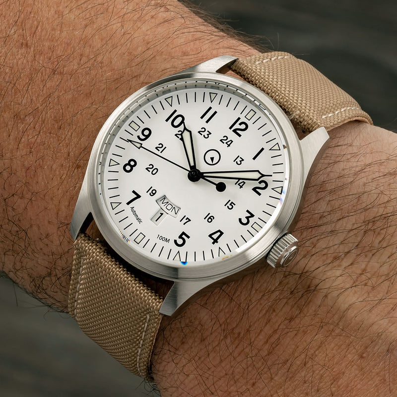 Islander 42mm "DAY-T" Automatic Field Watch with White Dial and Day-Date Display #ISL-198 wrist