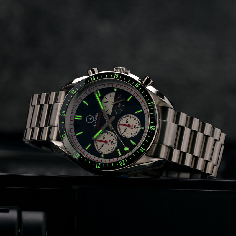 Islander Bethpage Amerigraph with Brushed Black Dial and Chronograph Function #ISL-201 lume