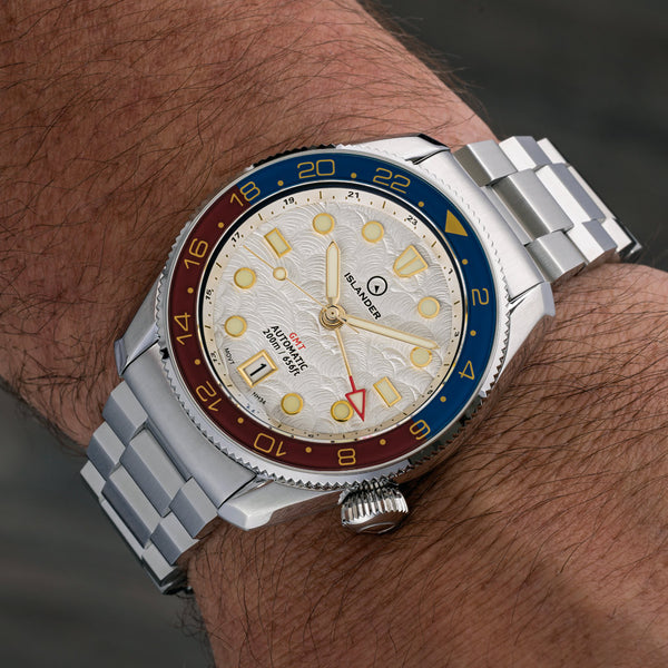 Islander JFK Automatic GMT Watch with White Cloud Dial and Pepsi Bezel #ISL-206