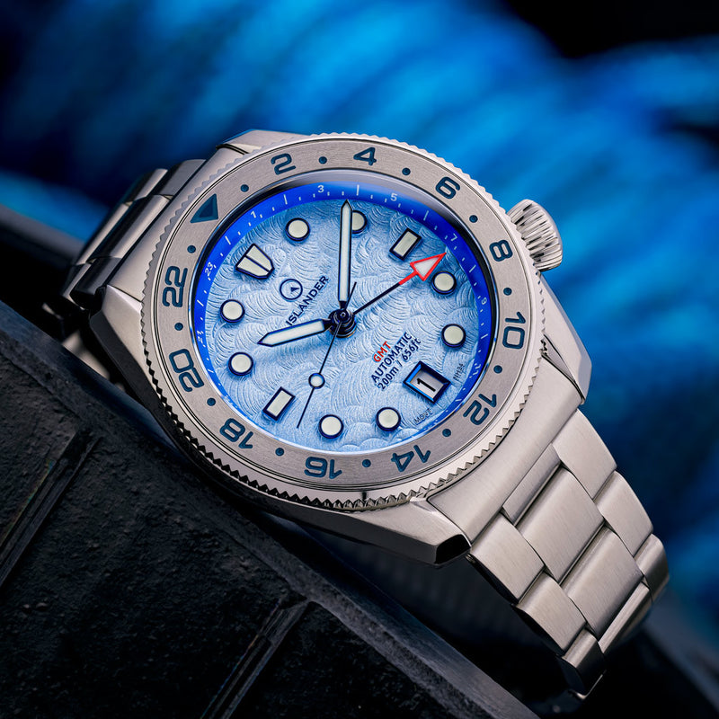 Islander JFK Automatic GMT Watch with Blue Cloud Dial and Steel Bezel #ISL-207