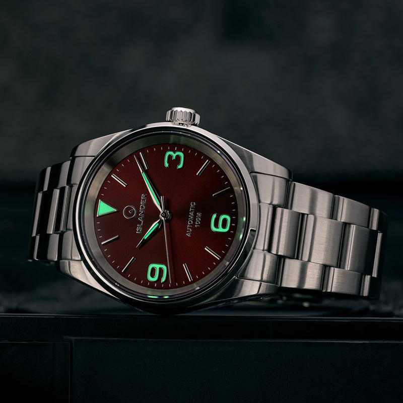 Islander Manhasset 36mm Automatic Watch with Sunburst Maroon Dial #ISL-216 lume