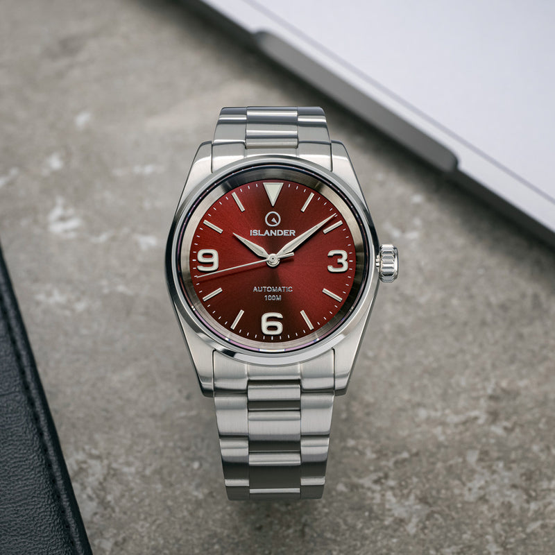 Islander Manhasset 36mm Automatic Watch with Sunburst Maroon Dial #ISL-216 lifestyle