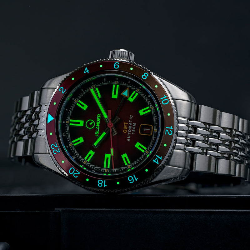 Islander Port Jefferson GMT Skin Diver Automatic Watch with Maroon Dial #ISL-249
