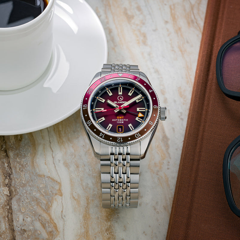 Islander Port Jefferson GMT Skin Diver Automatic Watch with Maroon Dial #ISL-249