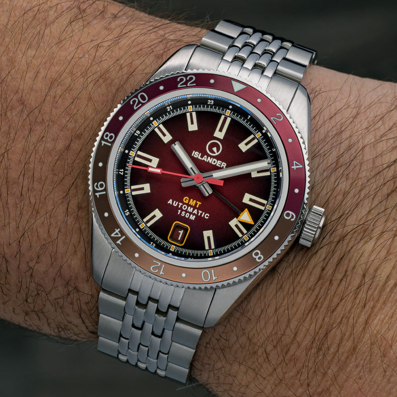 Islander Port Jefferson GMT Skin Diver Automatic Watch with Maroon Dial #ISL-249