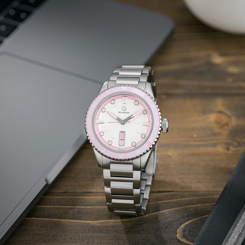 Islander Greenport 39mm Dive Watch with White Dial and Pink Accents #ISL-254