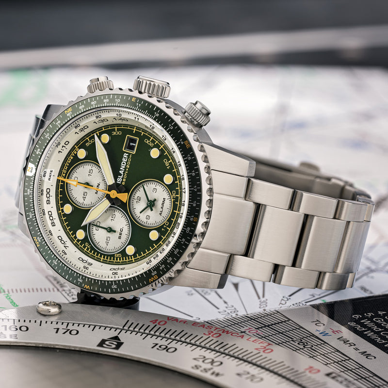Islander Calverton Flight Chronograph Alarm Watch with Green Dial #ISL-285