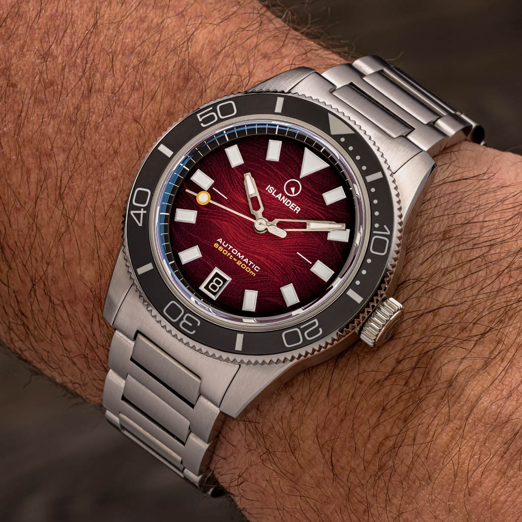 Islander Bayport Automatic Dive Watch with Maroon Wave Dial #ISL