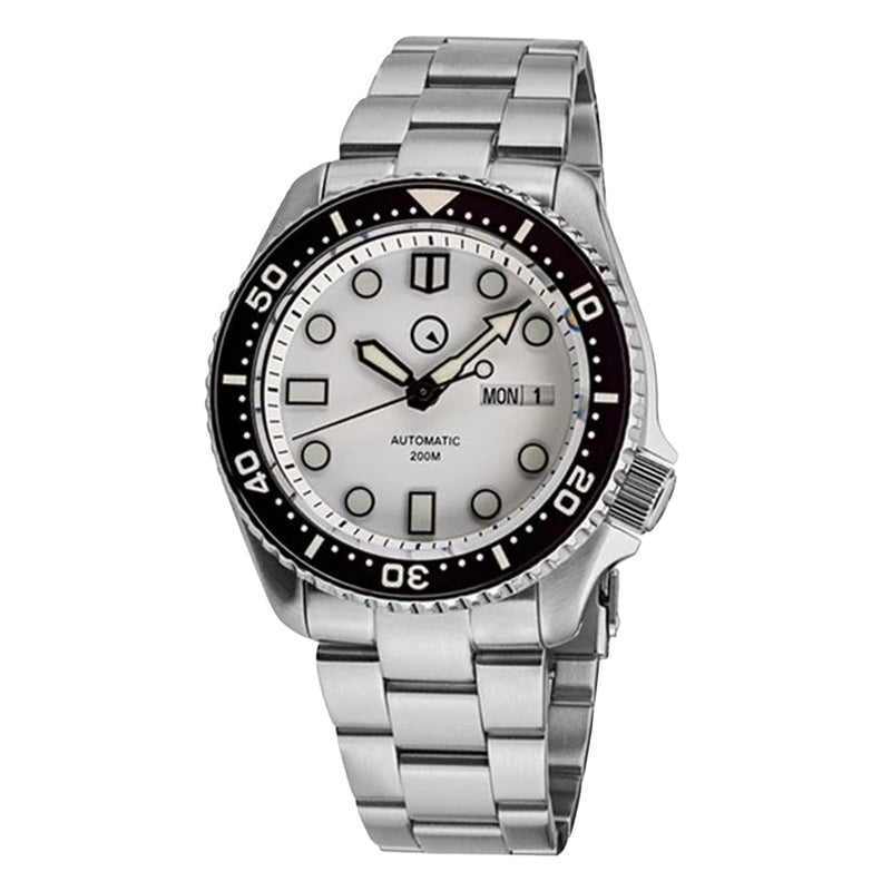 Islander White Dial Automatic Dive Watch with Solid-Link Bracelet, AR Sapphire Crystal, Luminous Ceramic Bezel Insert #ISL-35