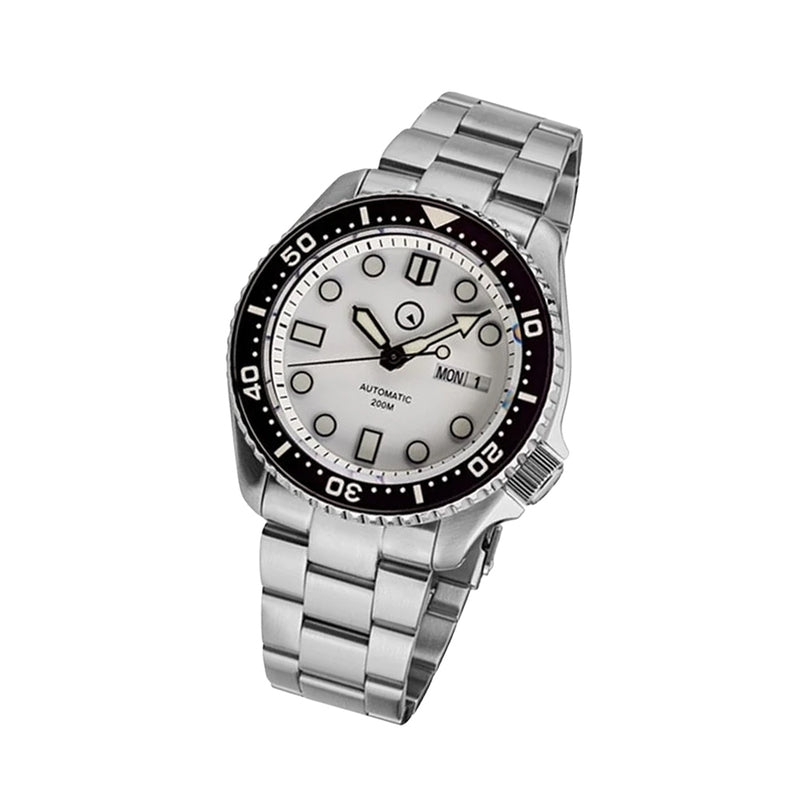 Islander White Dial Automatic Dive Watch with Solid-Link Bracelet, AR Sapphire Crystal, Luminous Ceramic Bezel Insert #ISL-35