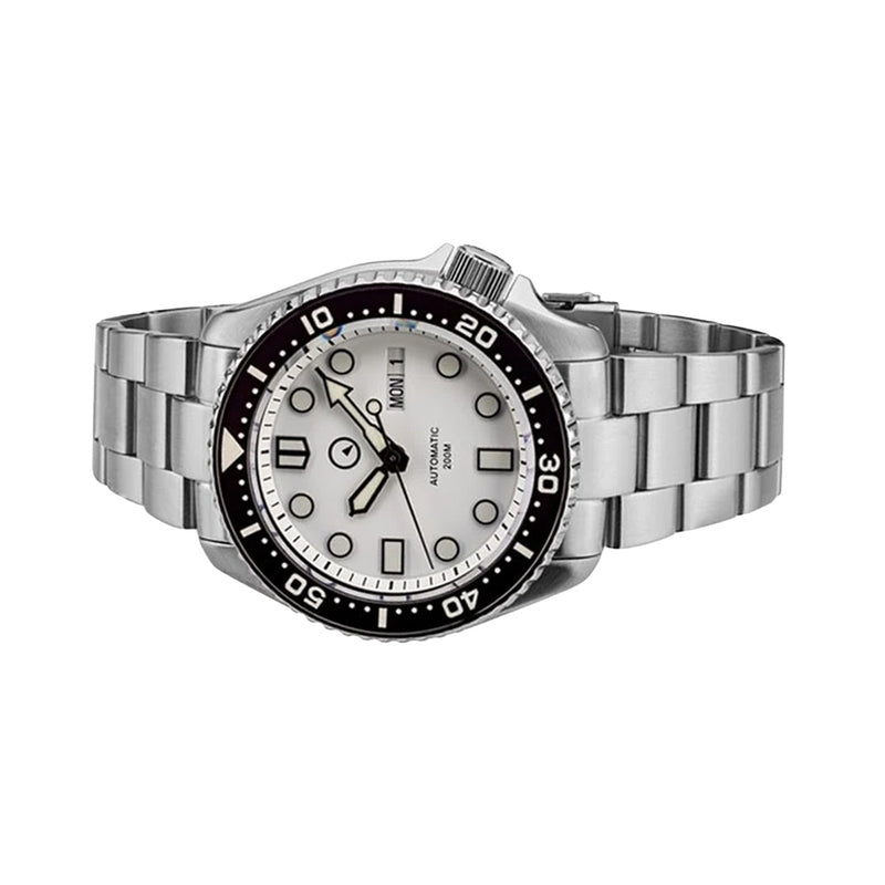 Islander White Dial Automatic Dive Watch with Solid-Link Bracelet, AR Sapphire Crystal, Luminous Ceramic Bezel Insert #ISL-35