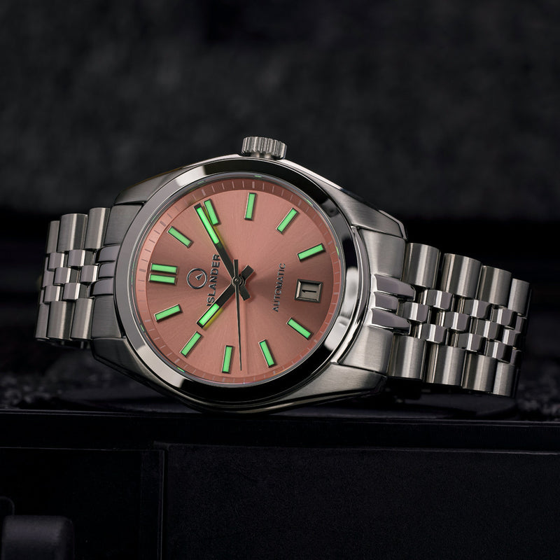 Islander Brookville Hi-Beat Automatic Dress Watch with Salmon Dial, AR Sapphire Crystal #ISL-37 lume