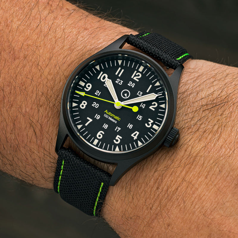 Islander Mitchel Automatic Field Watch with Black DLC SS Case and an AR Sapphire Crystal #ISL-82 wrist