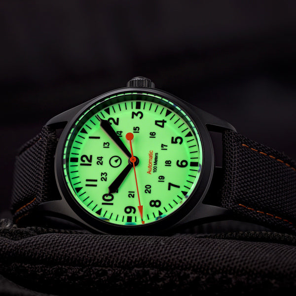 Islander ISL-83 Black DLC Automatic Field Watch with Luminous Dial Lime