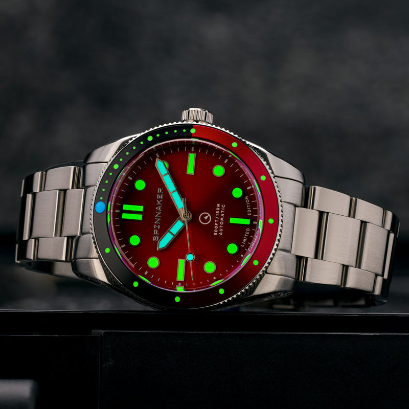 Spinnaker x Islander Croft Limited Edition Hi-Beat Watch with Sunburst Red Dial #SP-5094-LIW11 lume