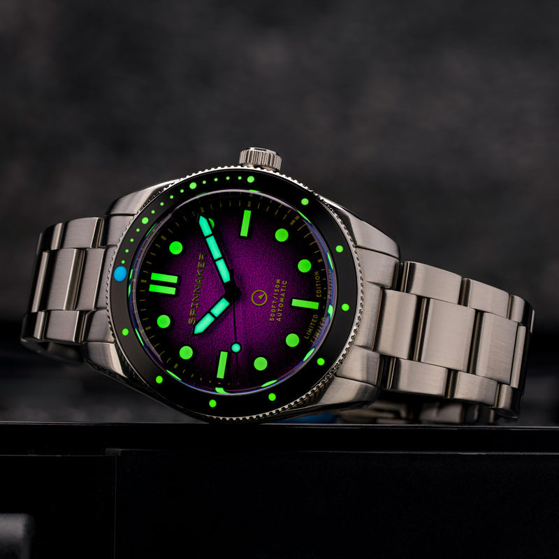 Spinnaker x Islander Croft Limited Edition Hi-Beat Watch with Sand Ombre Purple Dial #SP-5094-LIW22 lume