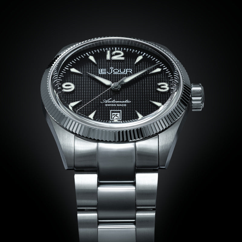 Le Jour Brooklyn Swiss Automatic Dress watch with Black Hobnail Dial #LJ-BR-001 lifestyle