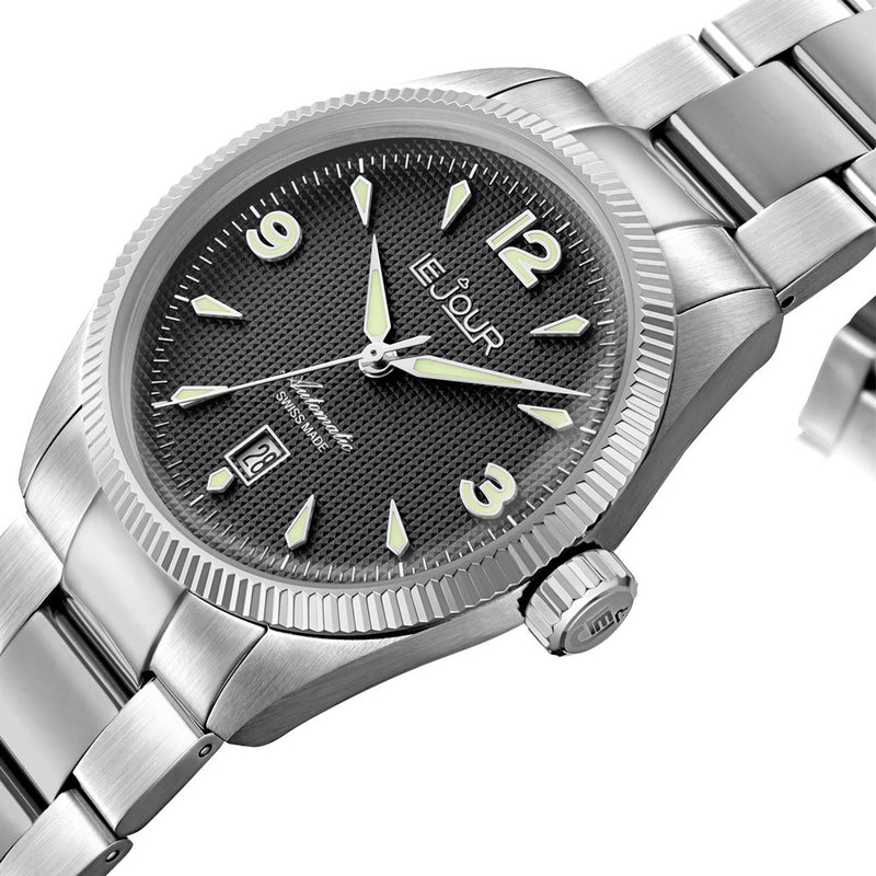 Le Jour Brooklyn Swiss Automatic Dress watch with Black Hobnail Dial #LJ-BR-001 tilt