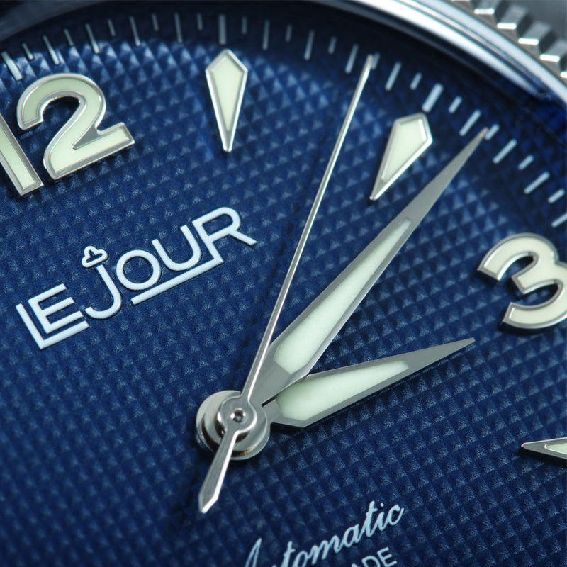 Le Jour Brooklyn Swiss Automatic Dress watch with Blue Hobnail Dial #LJ-BR-002 dial