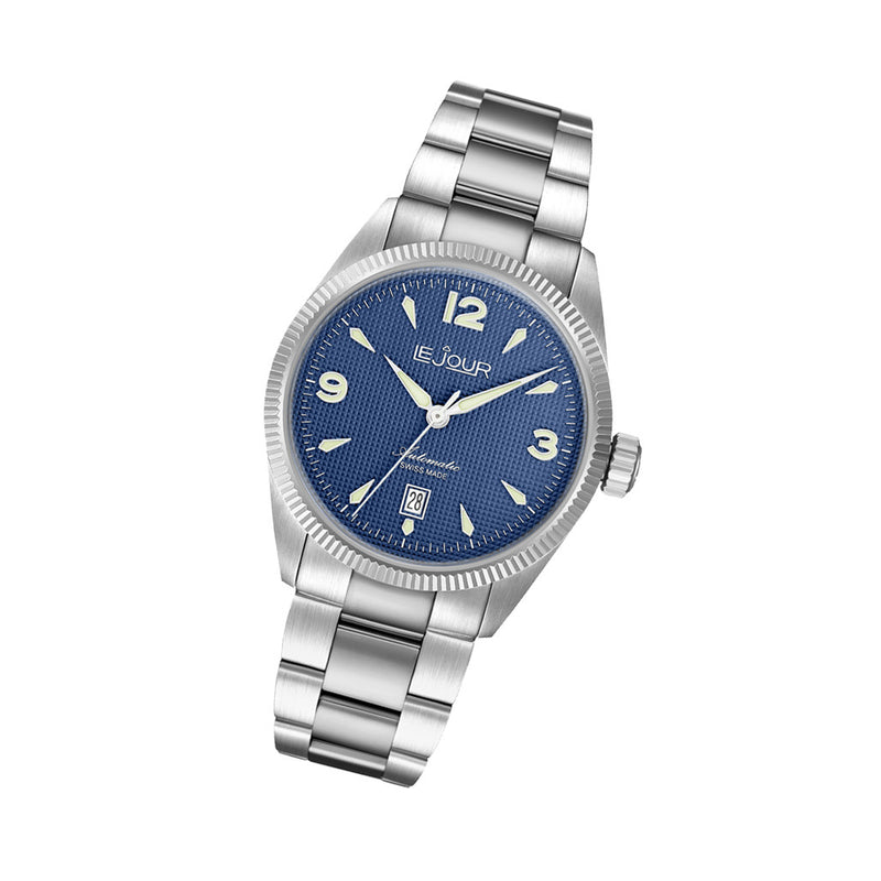 Le Jour Brooklyn Swiss Automatic Dress watch with Blue Hobnail Dial #LJ-BR-002 tilt
