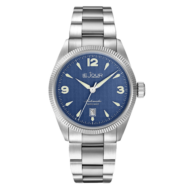 Le Jour Brooklyn Swiss Automatic Dress watch with Blue Hobnail Dial #LJ-BR-002 zoom
