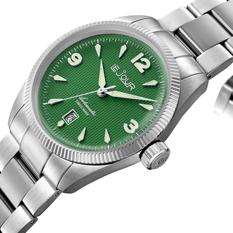 Le Jour Brooklyn Swiss Automatic Dress watch with Green Hobnail Dial #LJ-BR-003 tilt