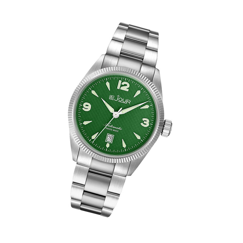 Le Jour Brooklyn Swiss Automatic Dress watch with Green Hobnail Dial #LJ-BR-003 tilt