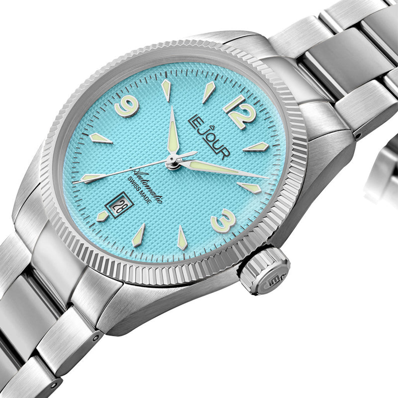 Le Jour Brooklyn Swiss Automatic Dress watch with Robin's Egg Blue Hobnail Dial #LJ-BR-005 tilt